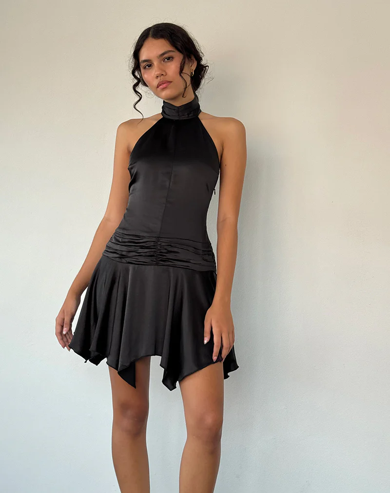 Hydri Satin Halterneck Mini Dress in Black - Image 4