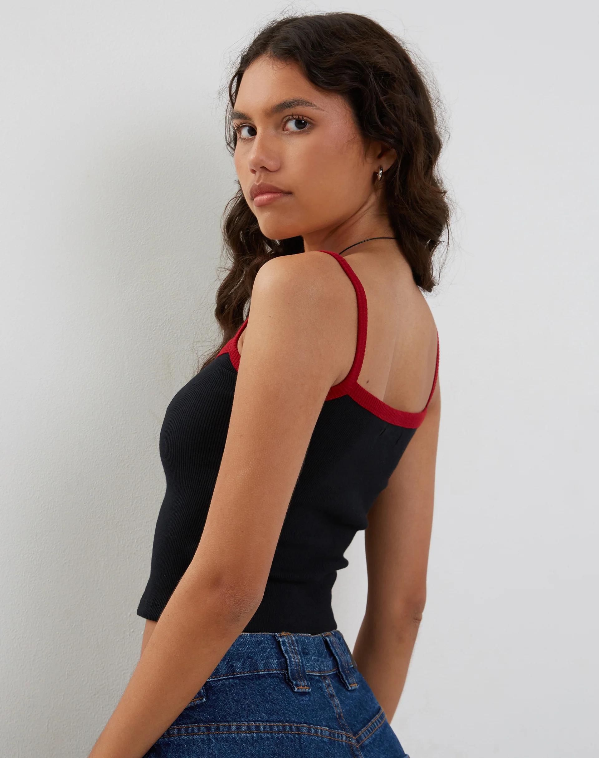 Icah Ribbed Vest Top in Black with Red Binding - Image 2