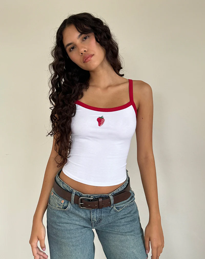 Icah Vest Top in White with Red Binding and Strawberry - Image 3