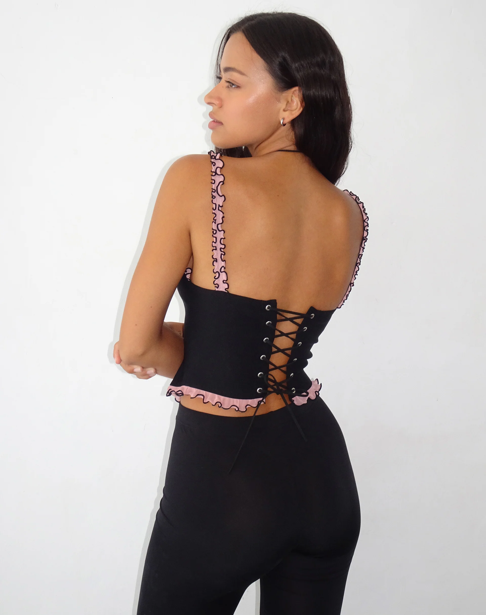 Idalia Corset Top in Black with Pink Mesh Ruffle - Image 2