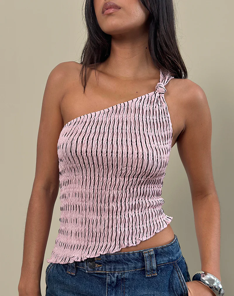 Idari One Shoulder Top in Stripe Textured Mesh Soft Pink - Image 2