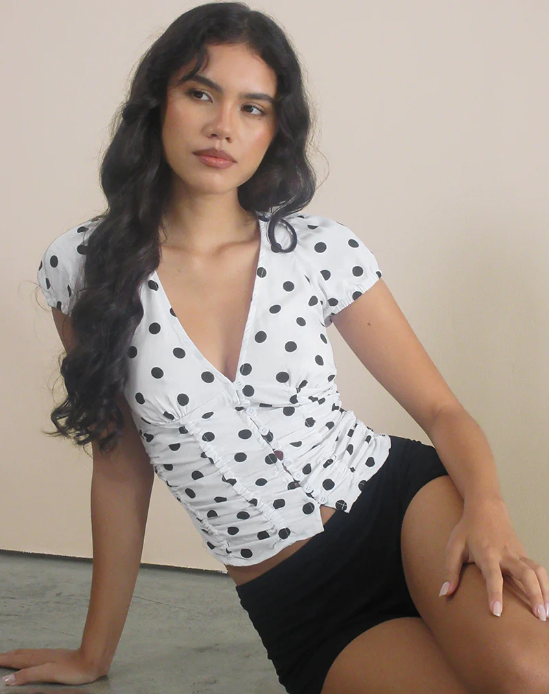 Ilase Ruched Blouse in 80s Polka White - Image 2