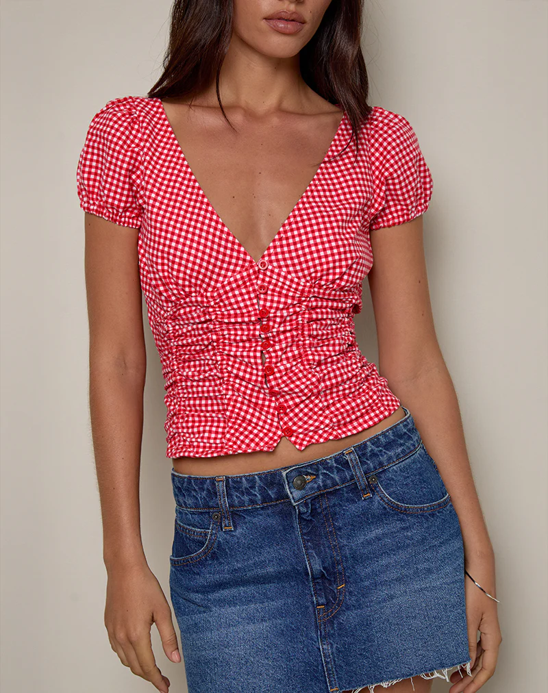 Ilase Ruched Blouse in Red Gingham - Image 3