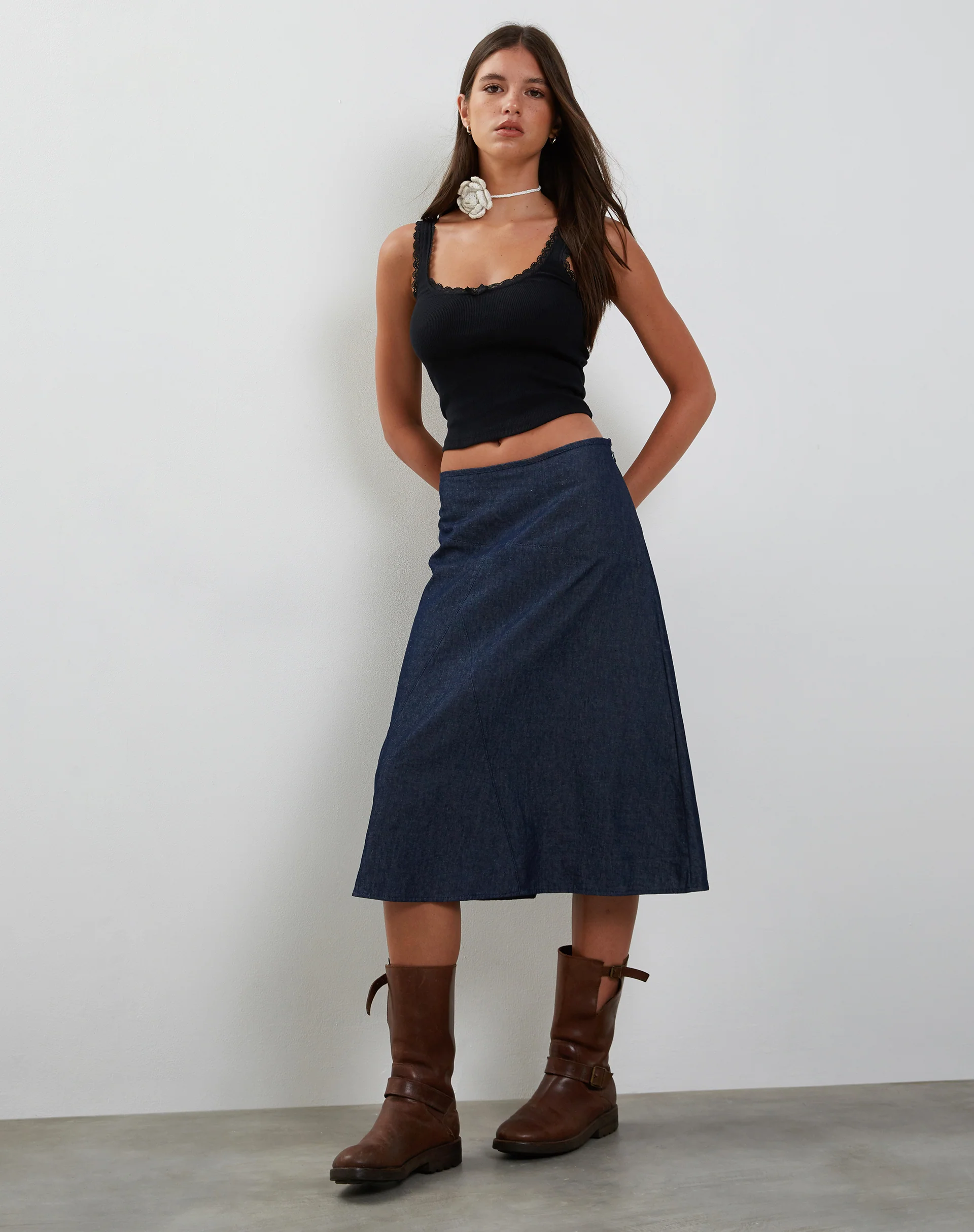 Imbrella Denim Midi Skirt in Dark Indigo - Image 3