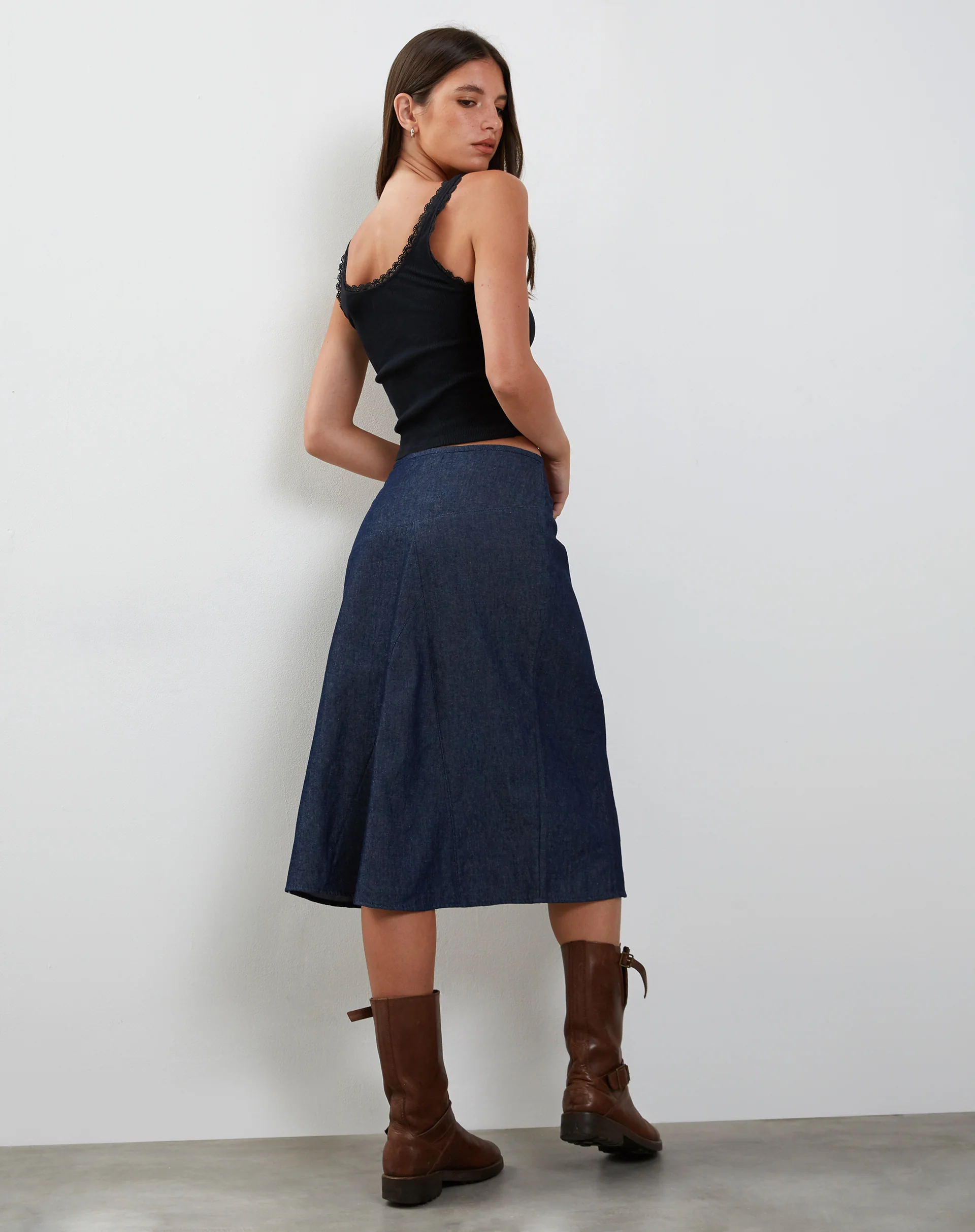Imbrella Denim Midi Skirt in Dark Indigo - Image 4
