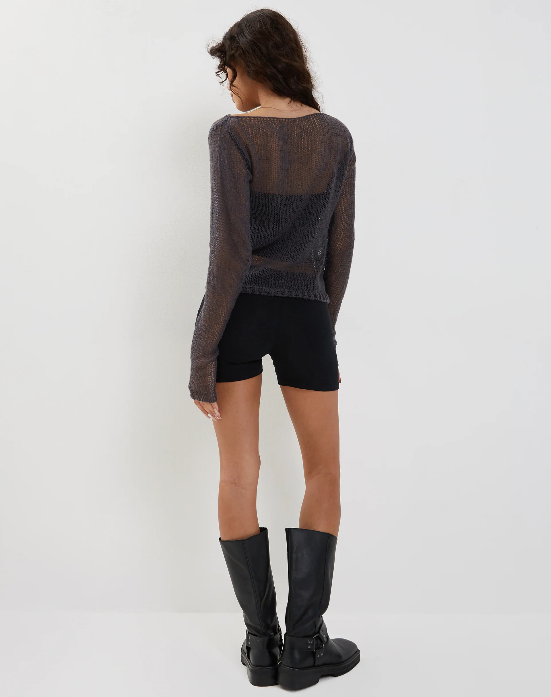 Imelda Fine Open Knit Long Sleeve Top in Dark Charcoal - Image 4