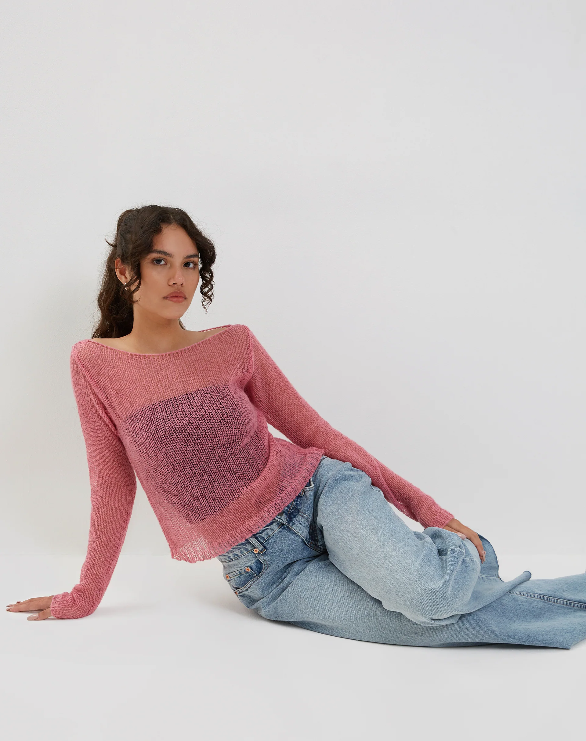 Imelda Fine Open Knit Long Sleeve Top in Pink - Image 2