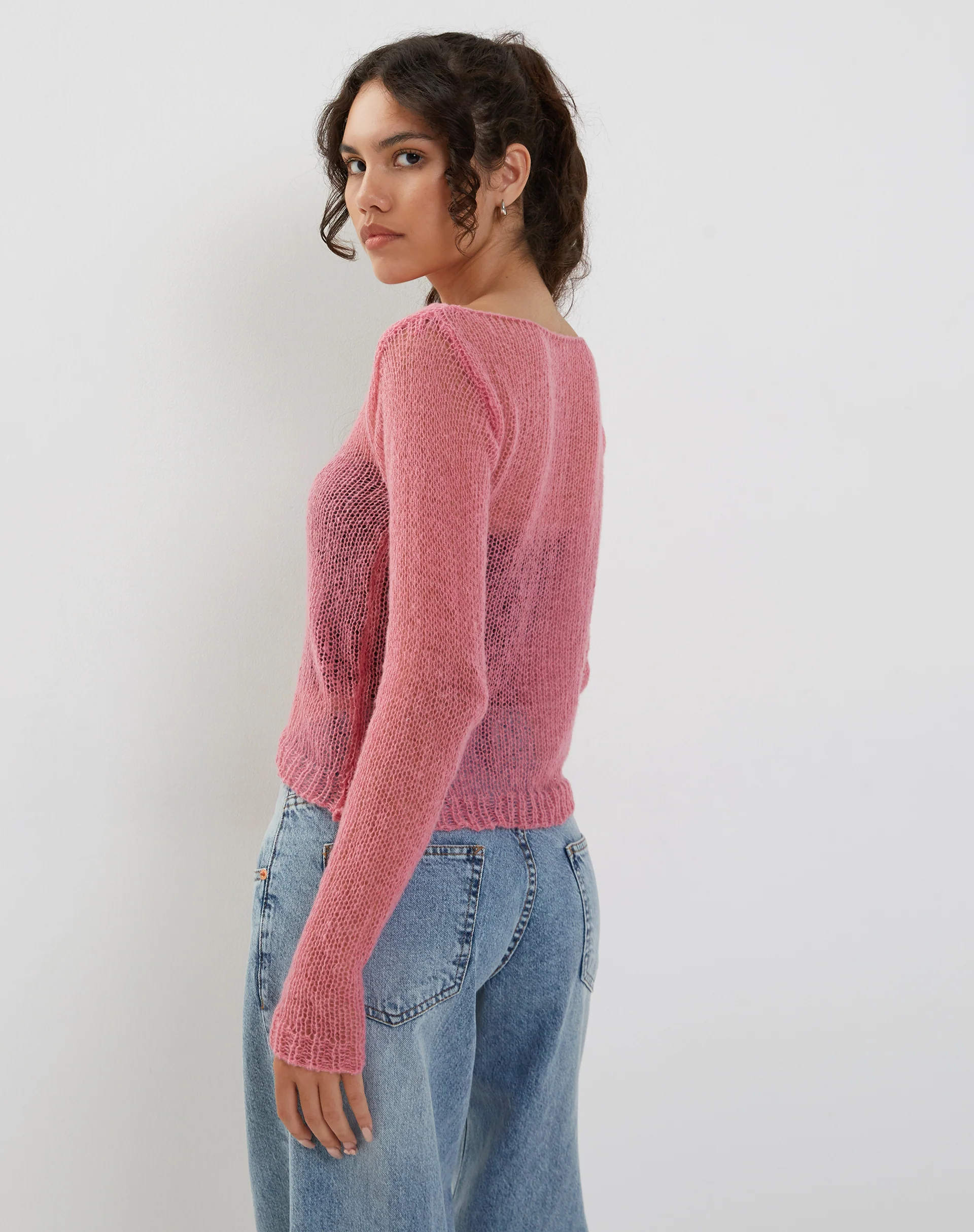 Imelda Fine Open Knit Long Sleeve Top in Pink - Image 3
