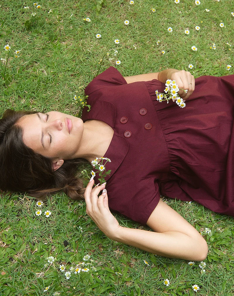 Imiraty Babydoll Mini Dress in Poplin Maroon - Image 3