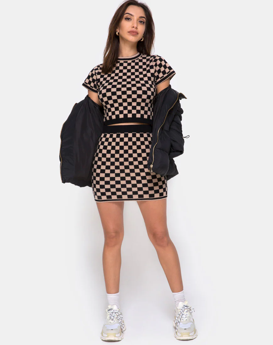 Immie Mini Skirt in Checkerboard Tan - Image 3