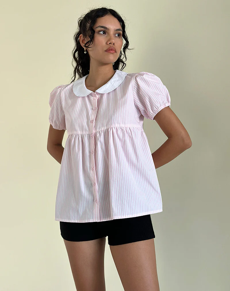 Immy Top in Small Stripe Vertical Candy Pink - Image 2