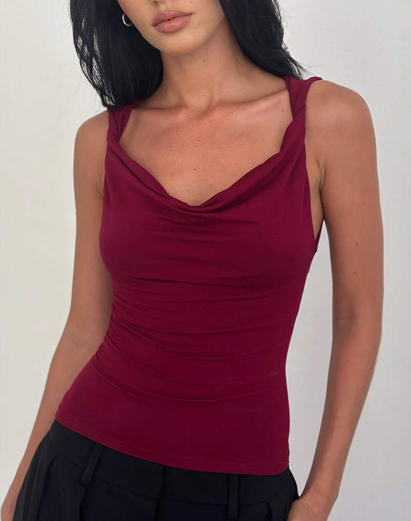 Imrie Open Back Top in Rayon Jersey Burgundy - Image 4