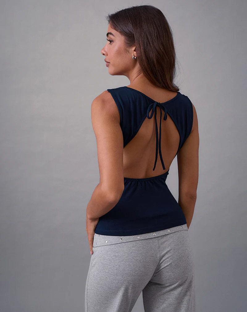 Imrie Open Back Top in Rayon Jersey Navy - Image 3