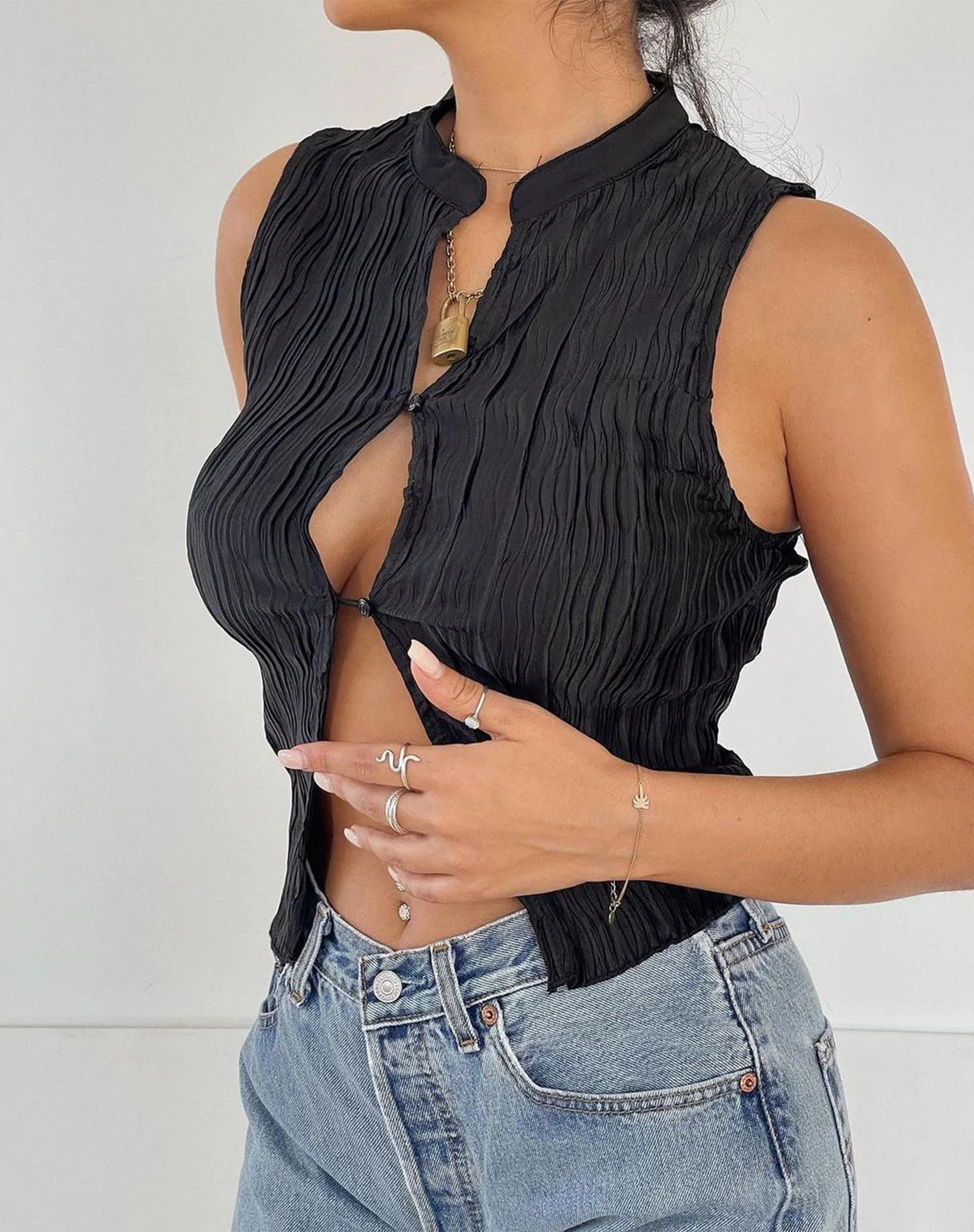 Inara Crop Top in Crinkle Black - Image 2
