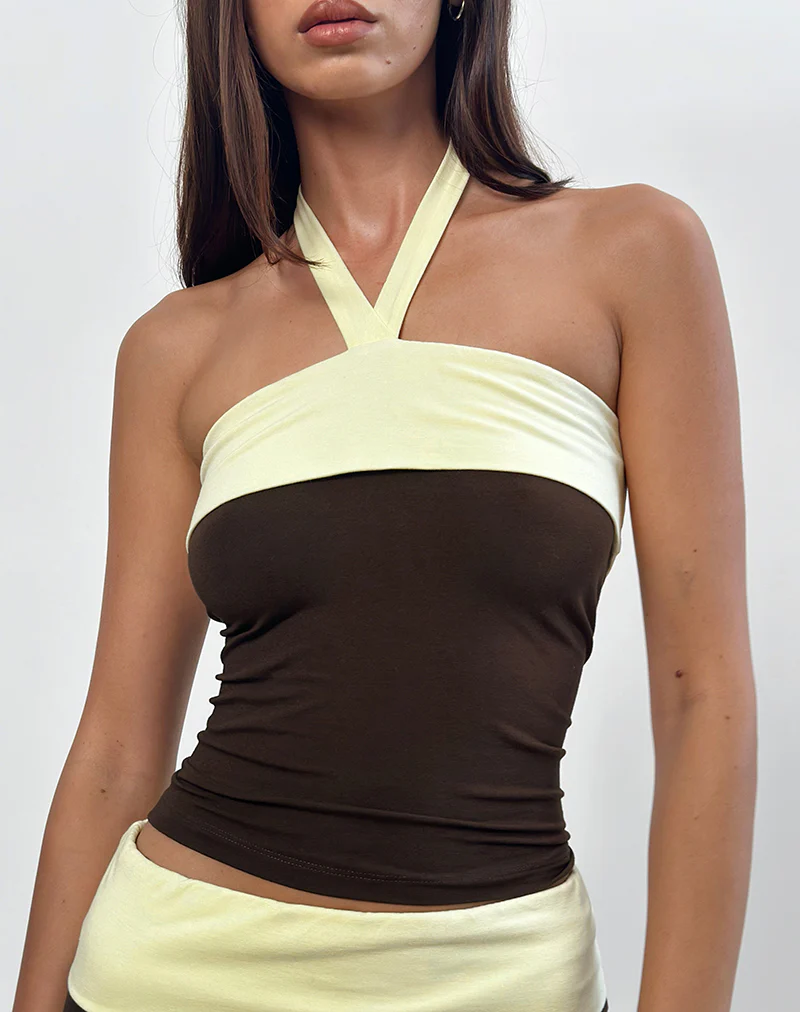 Inrida Halterneck Top in Chocolate Brown and Lemon - Image 3