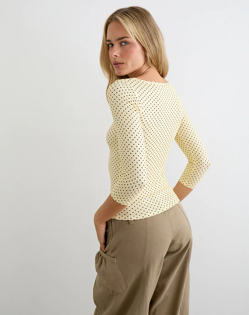 Ione Quarter Sleeve Top in Butter Yellow with Micro Polka Dots - Image 4