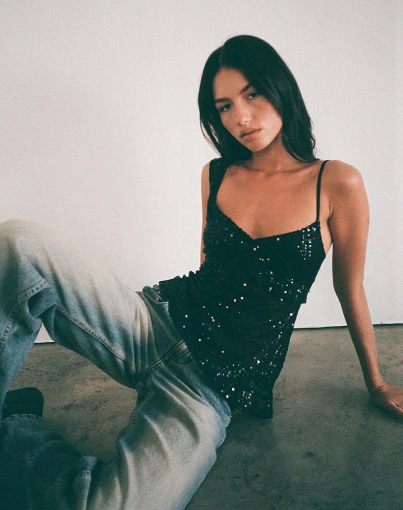 Iranila Asymmetric Top in Gauzy Sequin Black - Image 3