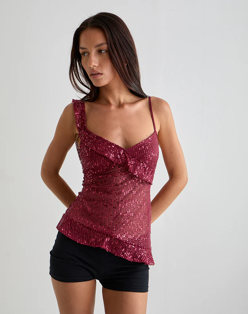 Iranila Asymmetric Top in Gauzy Sequin Red - Image 4