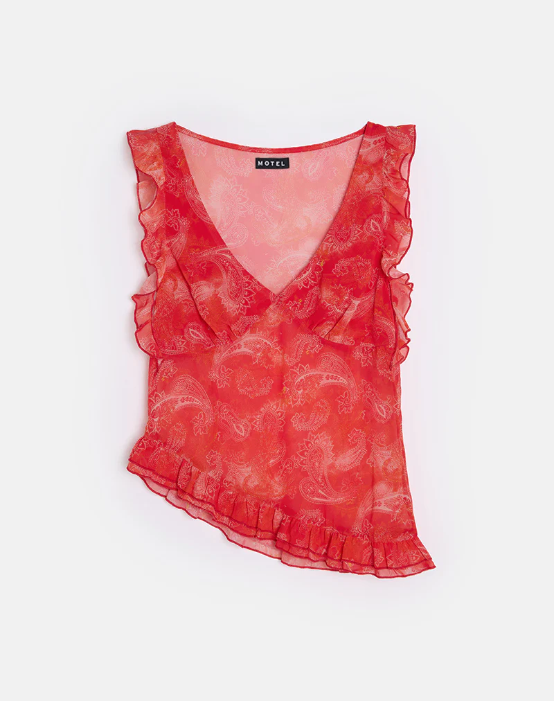 Iravela Asym Top in Paisley Chiffon Red - Image 2