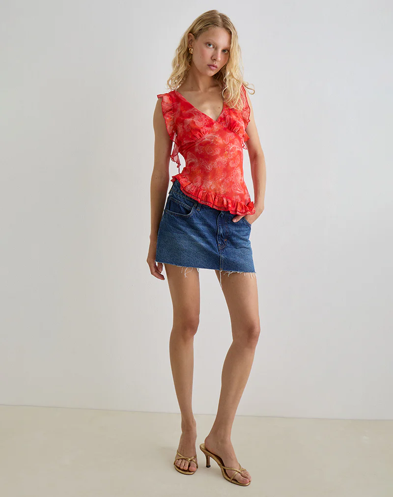 Iravela Asym Top in Paisley Chiffon Red - Image 3