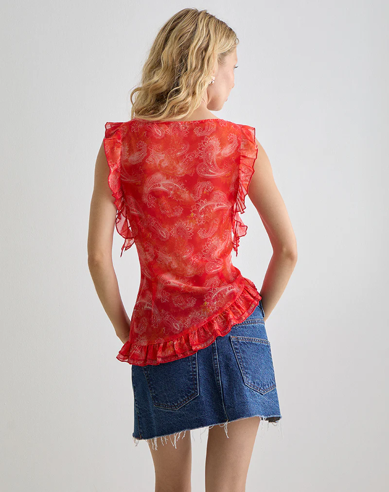Iravela Asym Top in Paisley Chiffon Red - Image 5