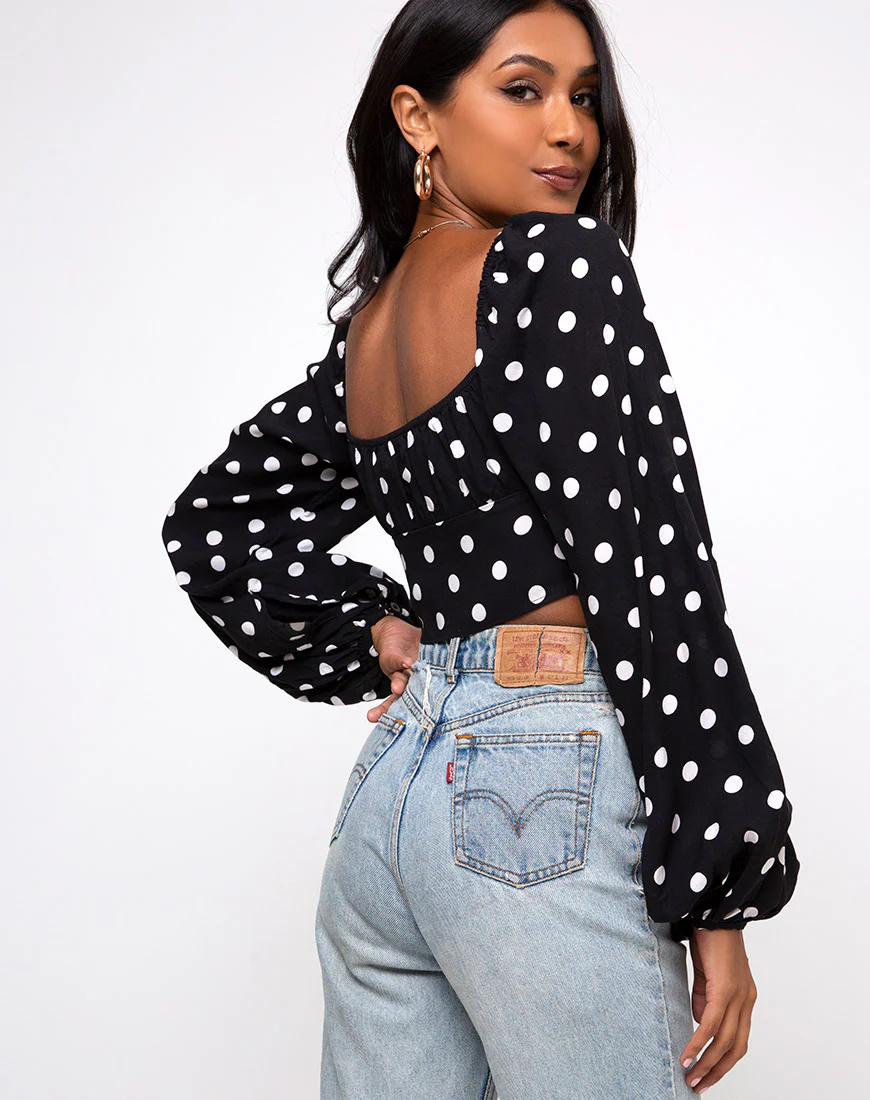 Irene Longsleeve Top in 80's Polka Black - Image 2