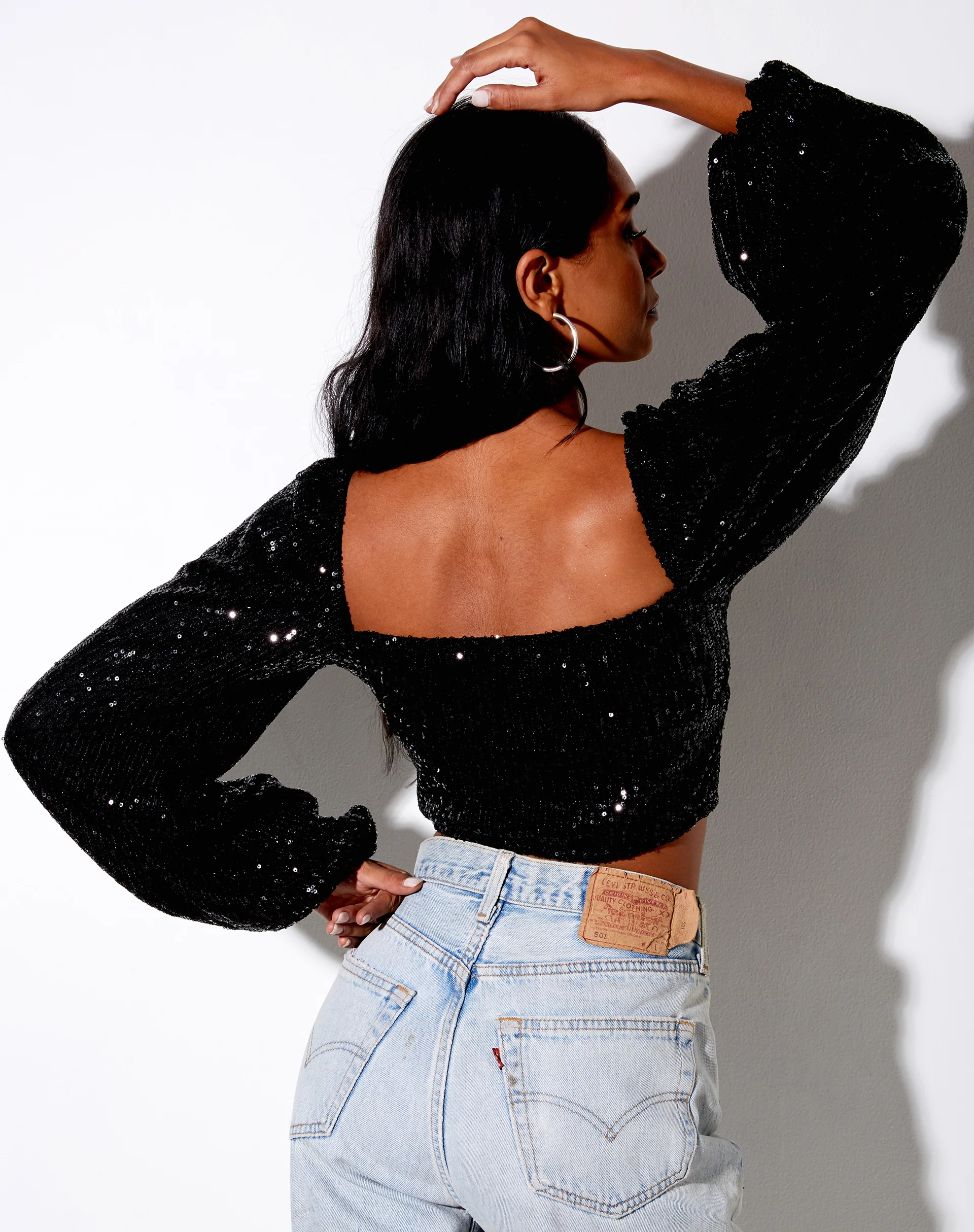 Irene Crop Top in Drape Sequin Black - Image 2