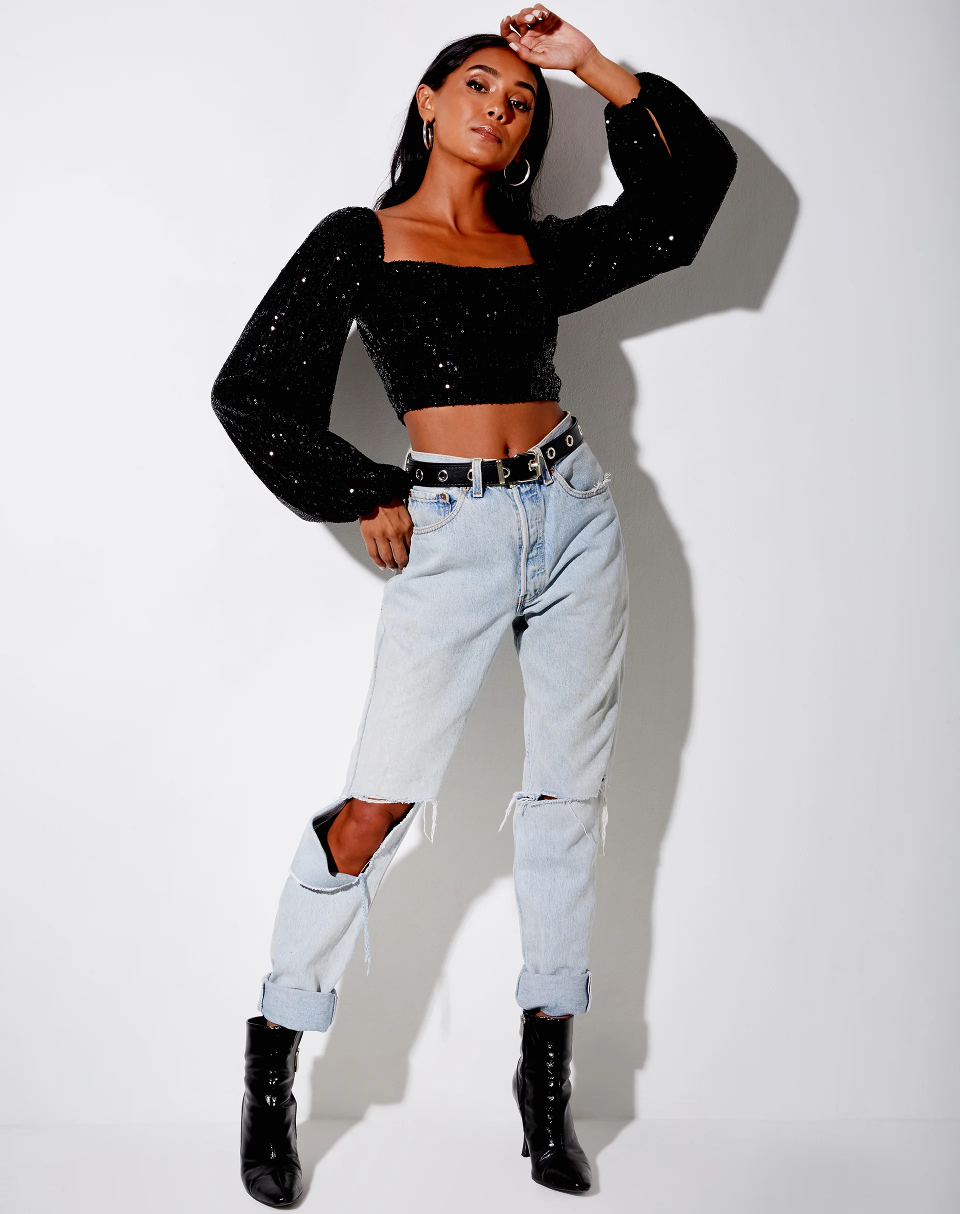 Irene Crop Top in Drape Sequin Black - Image 3