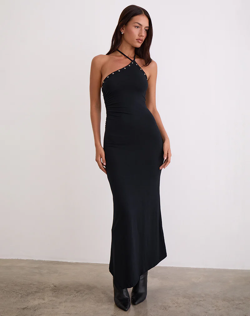 Ishikawa Asymmetrical Maxi Dress with Eyelets in Black - Image 3