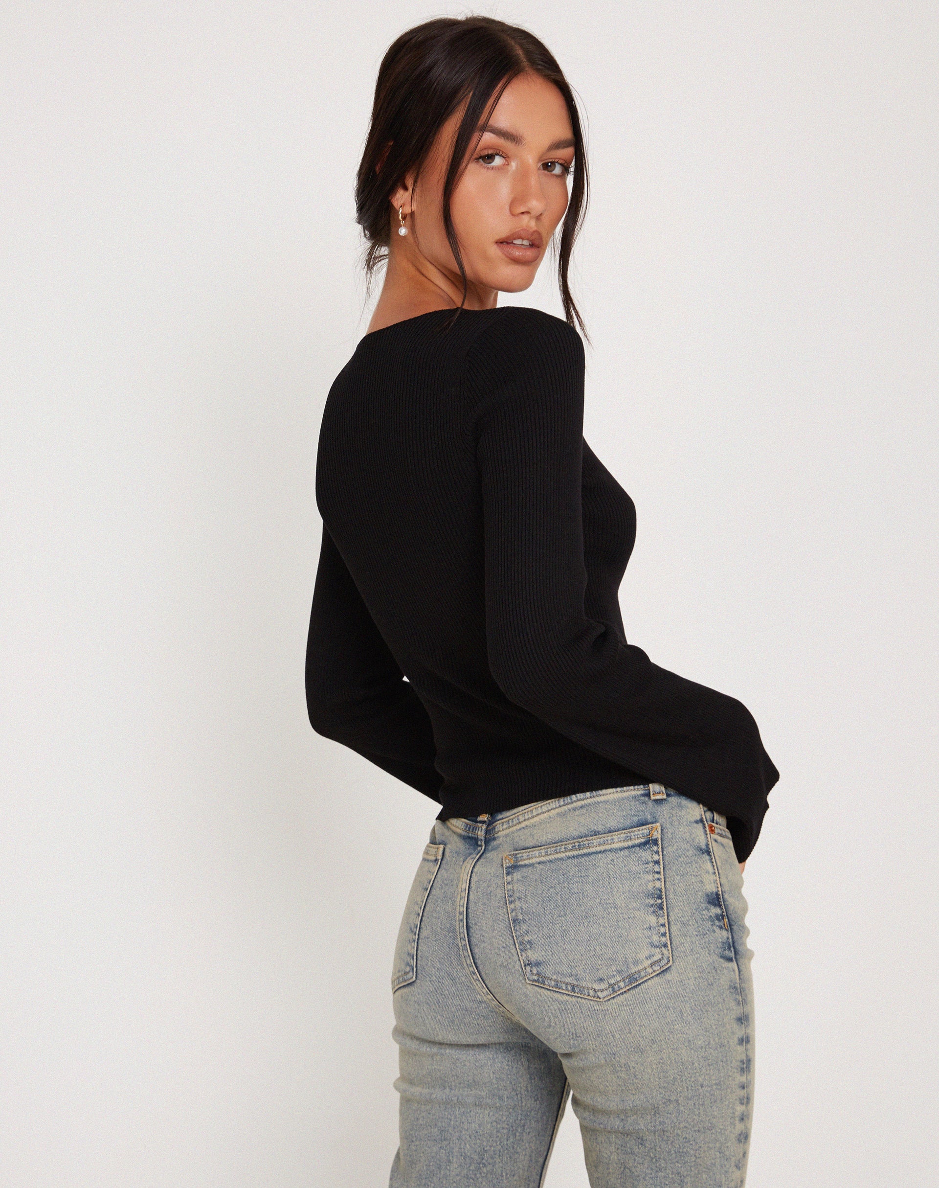 Issey Long Sleeve Lace up Top in Black - Image 3