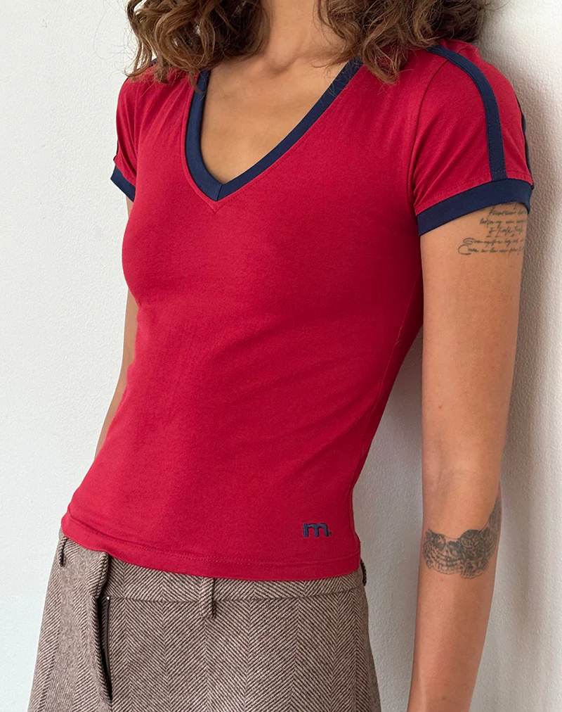 Izolde Baby Tee in Adrenalin Red with Navy Binding and M Embroidery - Image 2
