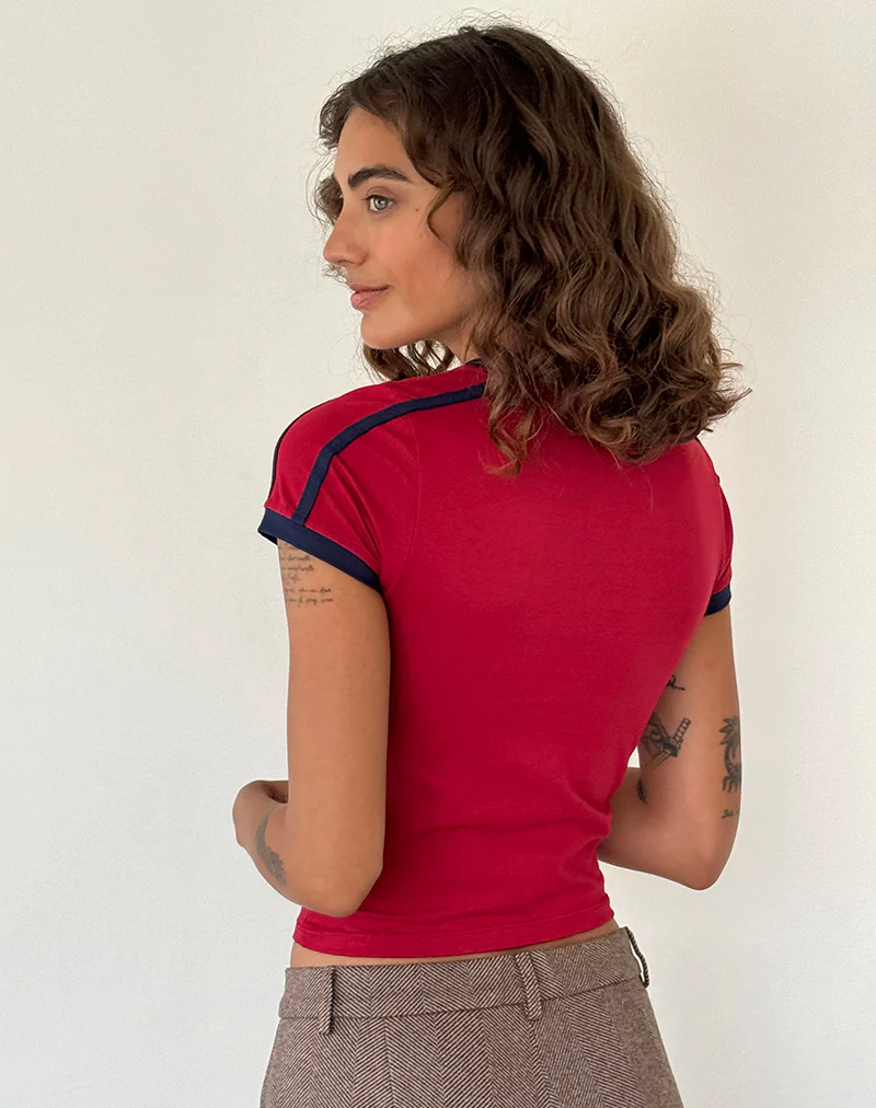 Izolde Baby Tee in Adrenalin Red with Navy Binding and M Embroidery - Image 5