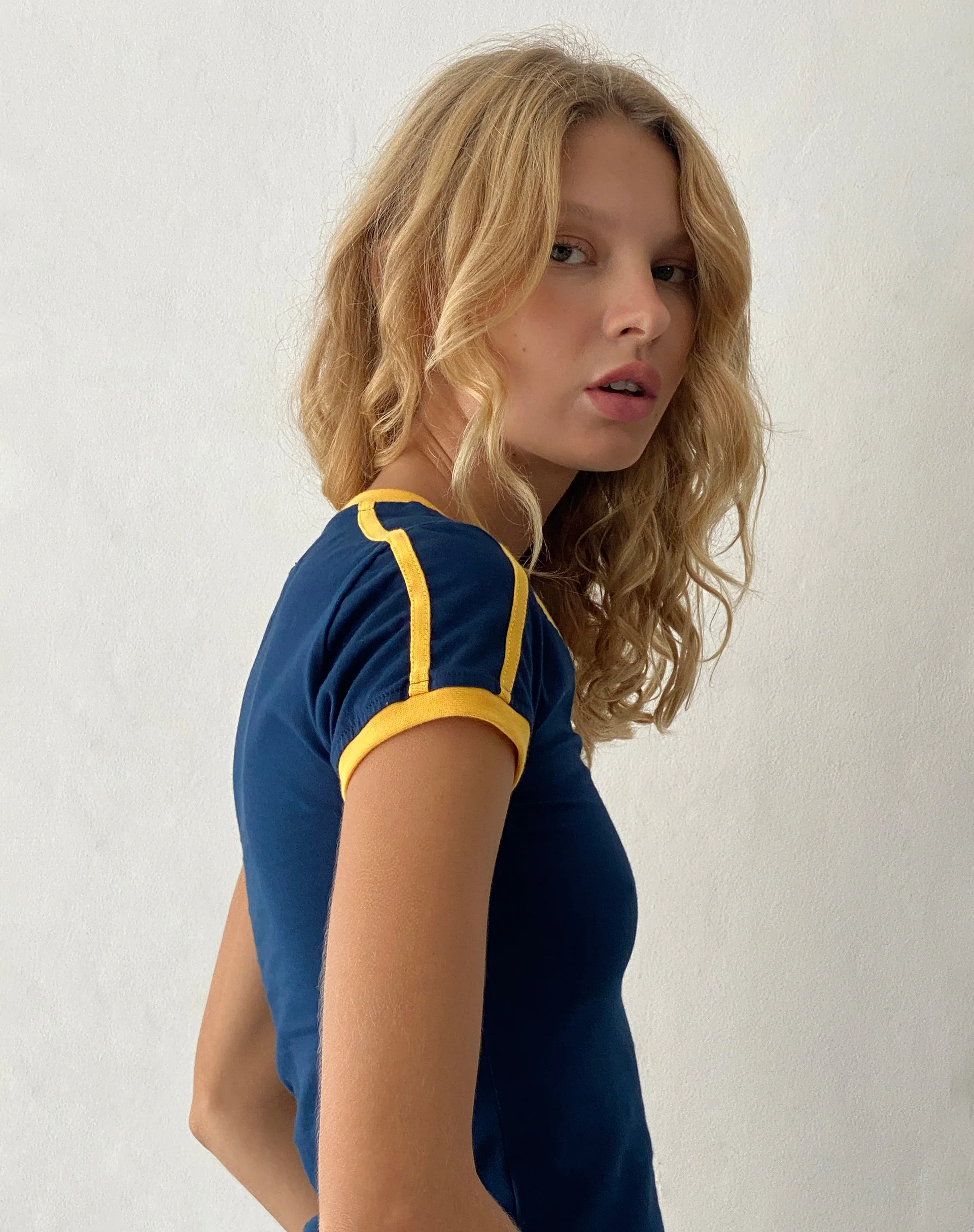 Izolde Baby Tee in Navy with Mustard Binding and M Embroidery - Image 2