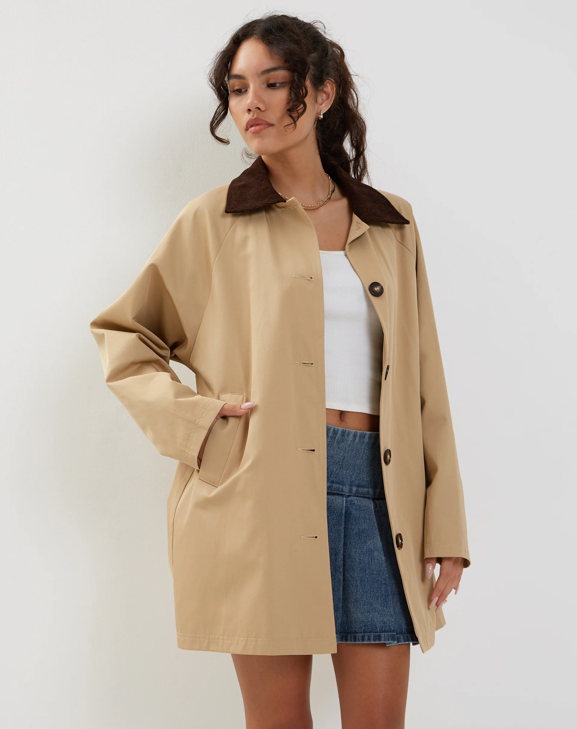Izora Short Trench Coat in Tan - Image 3