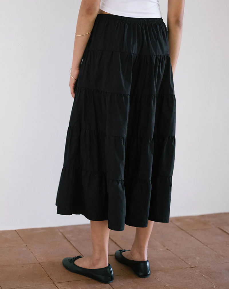 Izumi Tiered Midi Skirt in Poplin Black - Image 3