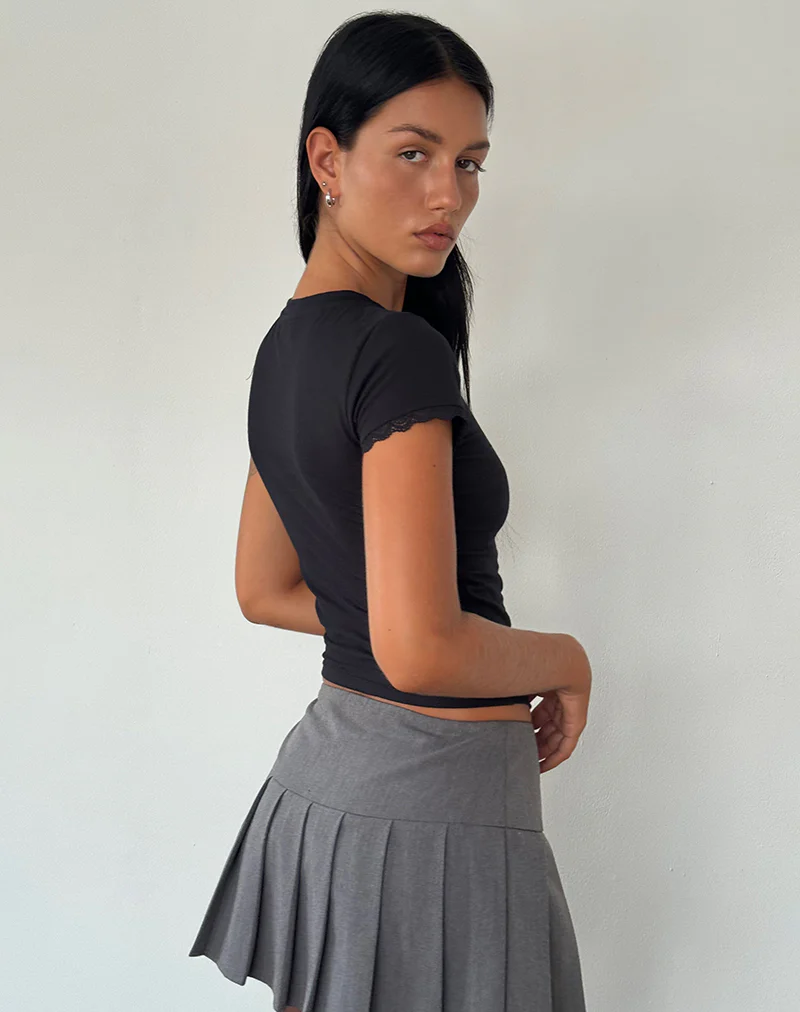 Izzy Lace Trim Tee in Black Lace Up Heart Motif - Image 4