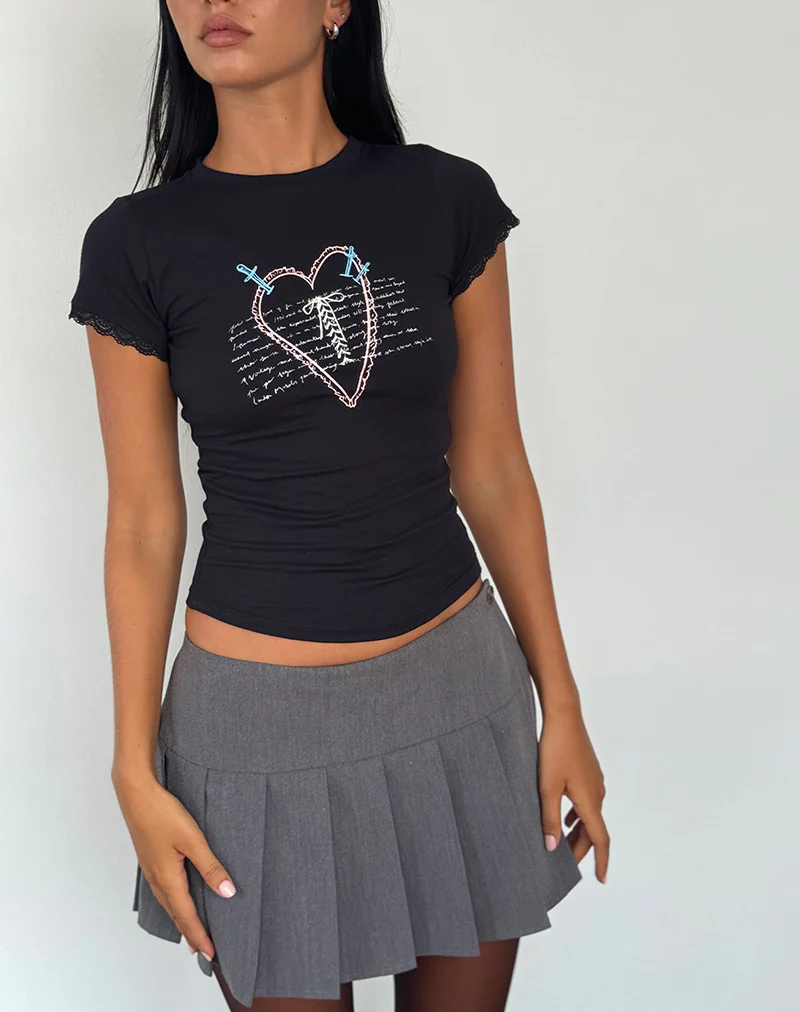 Izzy Lace Trim Tee in Black Lace Up Heart Motif - Image 5