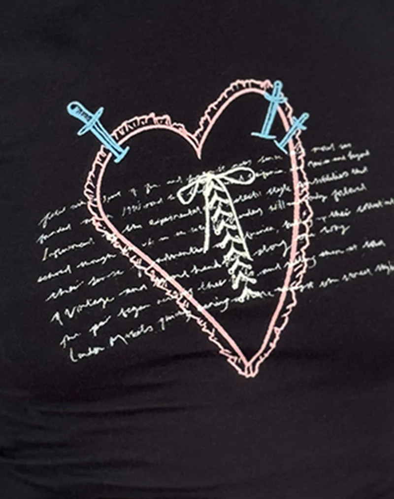 Izzy Lace Trim Tee in Black Lace Up Heart Motif - Image 6