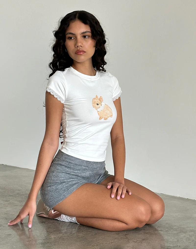 Izzy Baby Tee in Off White with Rabbit Print - Image 3