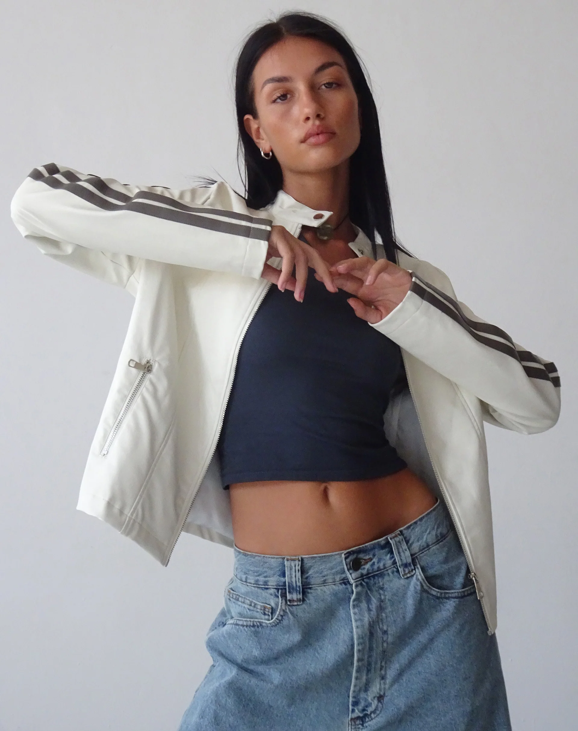 Jacquie Zip Up Jacket in PU Cream with Brown Stripe - Image 3
