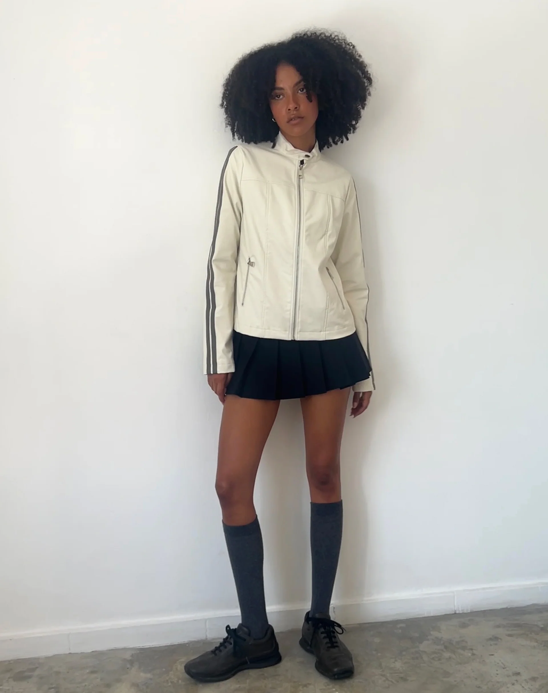 Jacquie Zip Up Jacket in PU Cream with Brown Stripe - Image 4