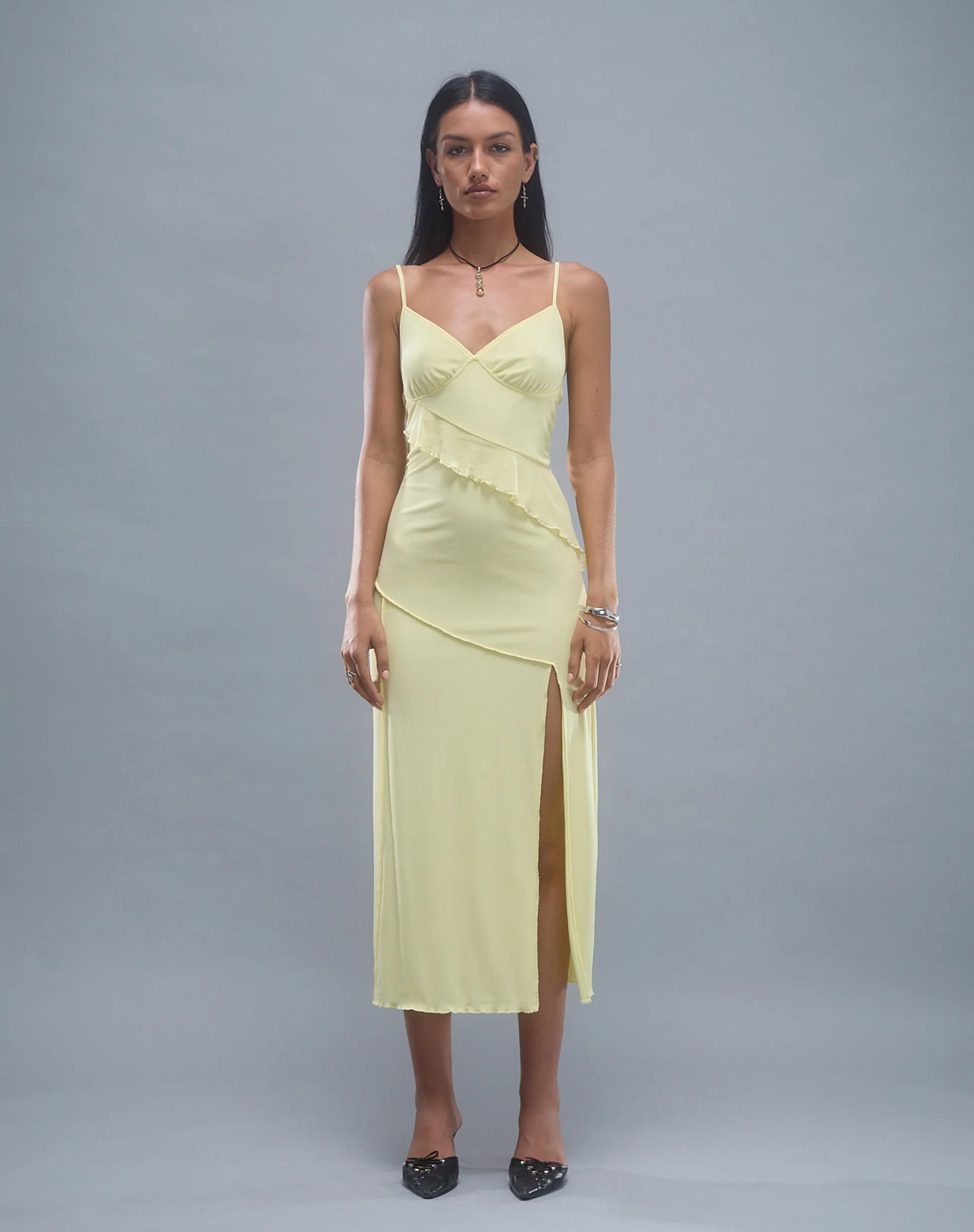 Jacy Ruffle Midi Dress in Mesh Lemon - Image 5