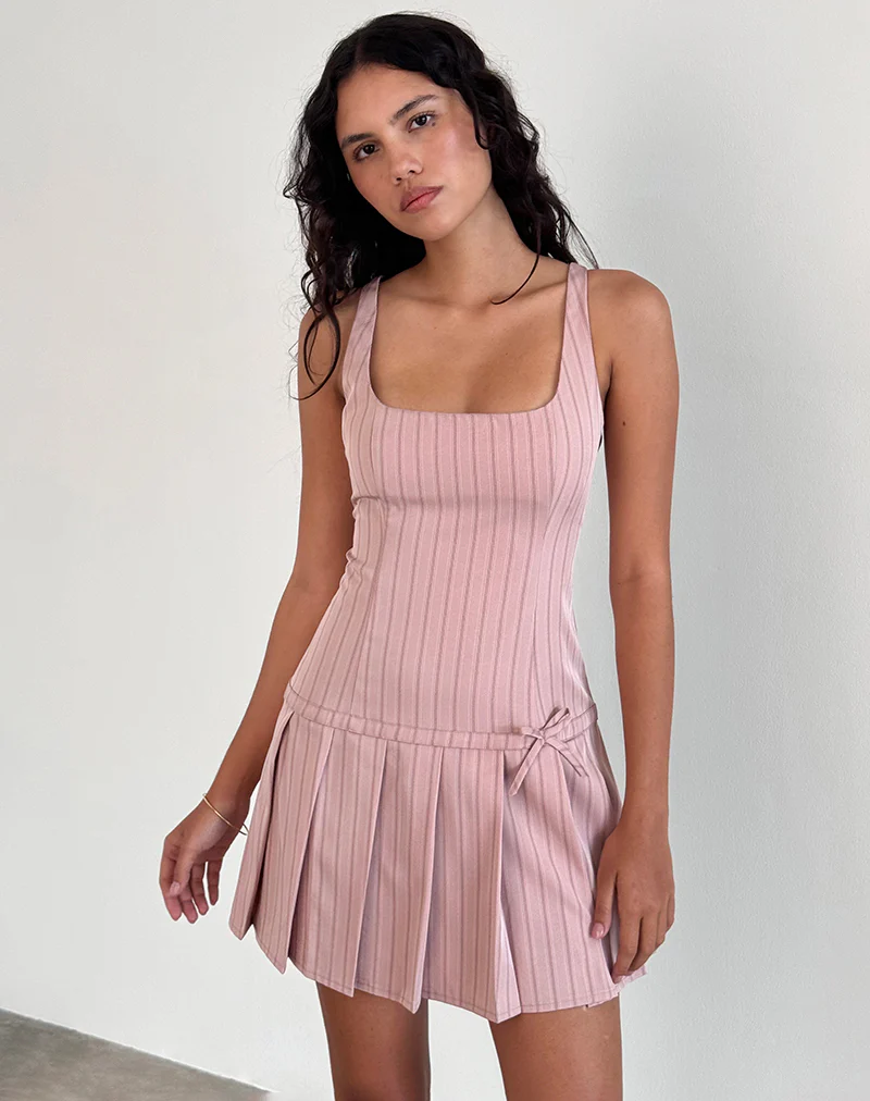 Jadzia Drop Waist Mini Dress in Blush Pinstripe - Image 2