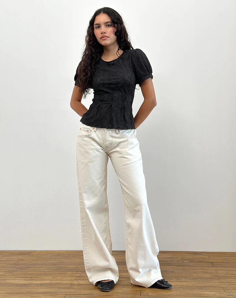Jaina Puff Sleeve Top in Textured Black - Image 2