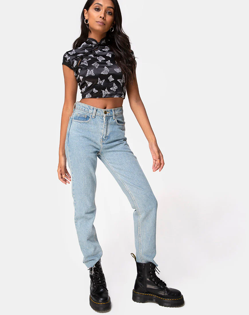 Jakina Crop Top in Black Butterfly Flock - Image 3