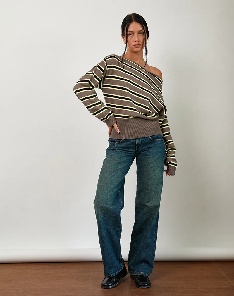 Jalira Asymmetric Cinch Jumper in Stripe Brown and Yellow - Image 2