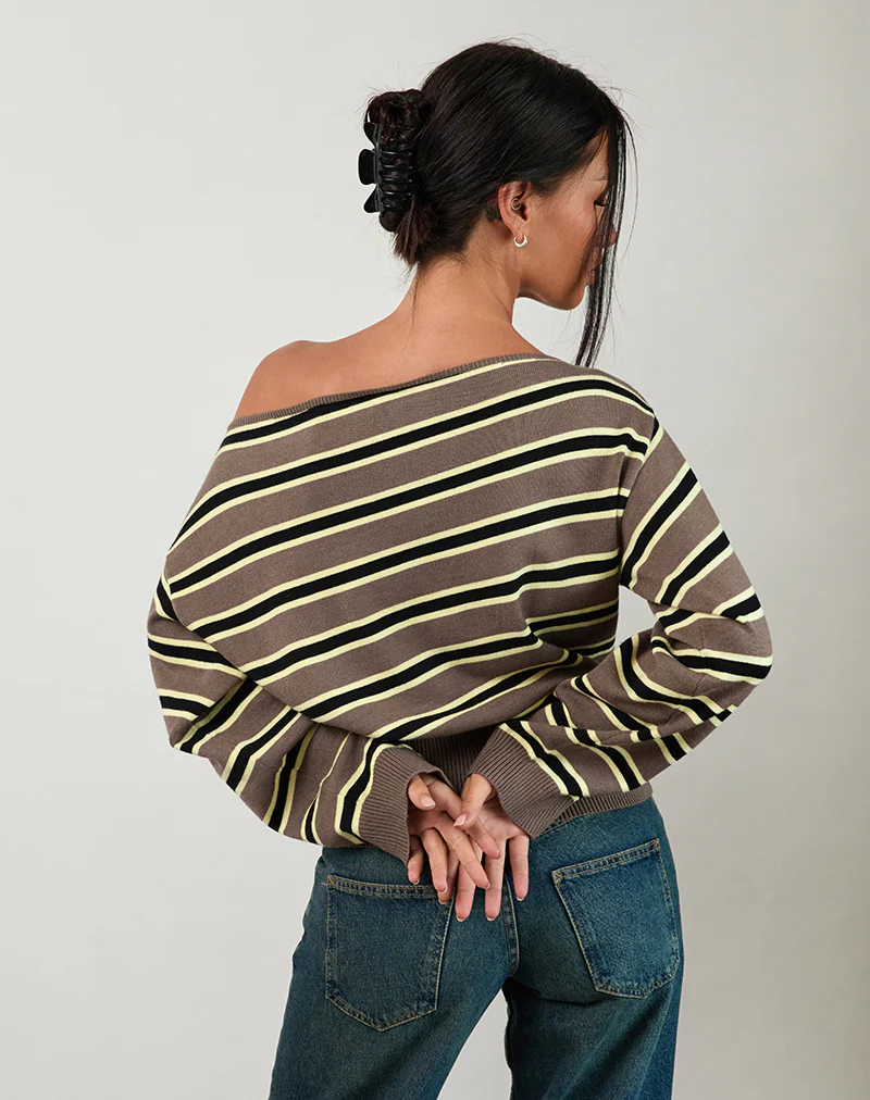 Jalira Asymmetric Cinch Jumper in Stripe Brown and Yellow - Image 3