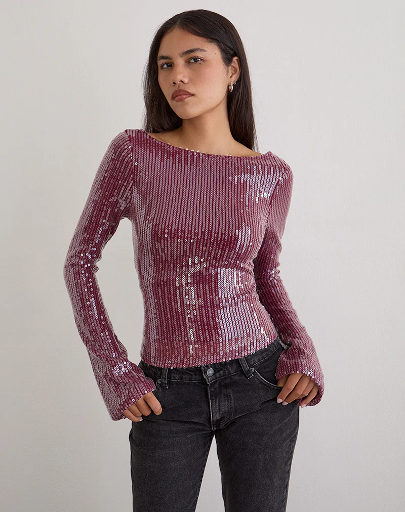 Jalwa Long Sleeve Top in Sequin Maroon - Image 3