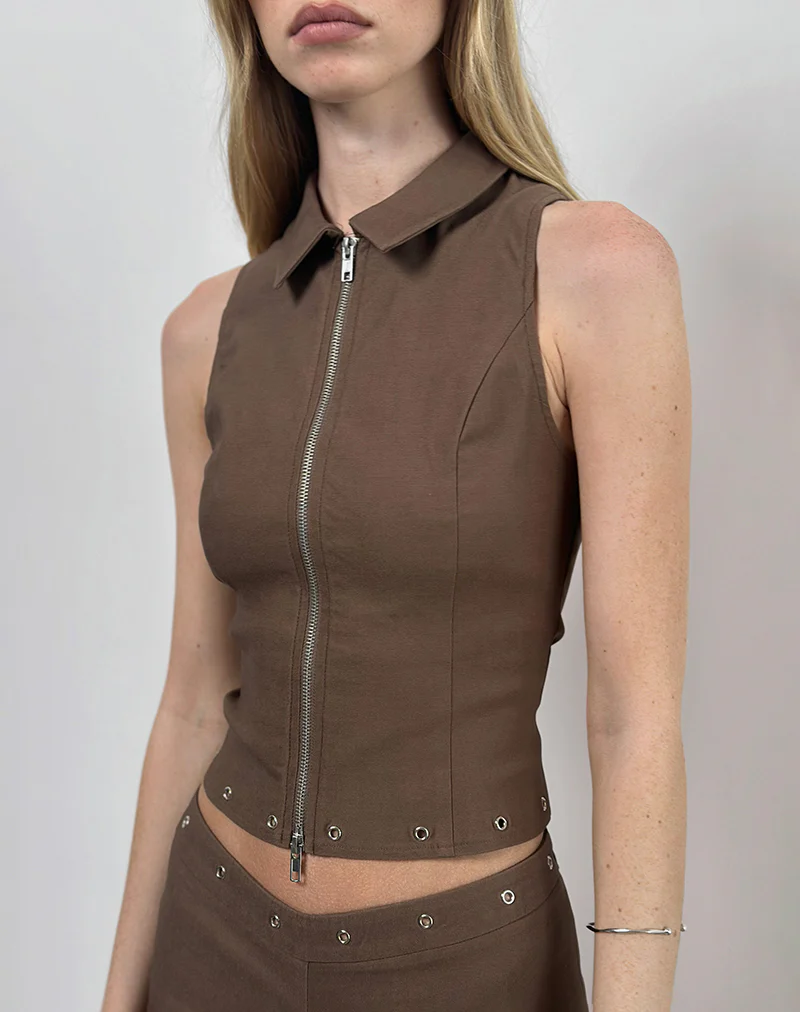 Janae Studded Vest in Tailoring Brown - Image 2