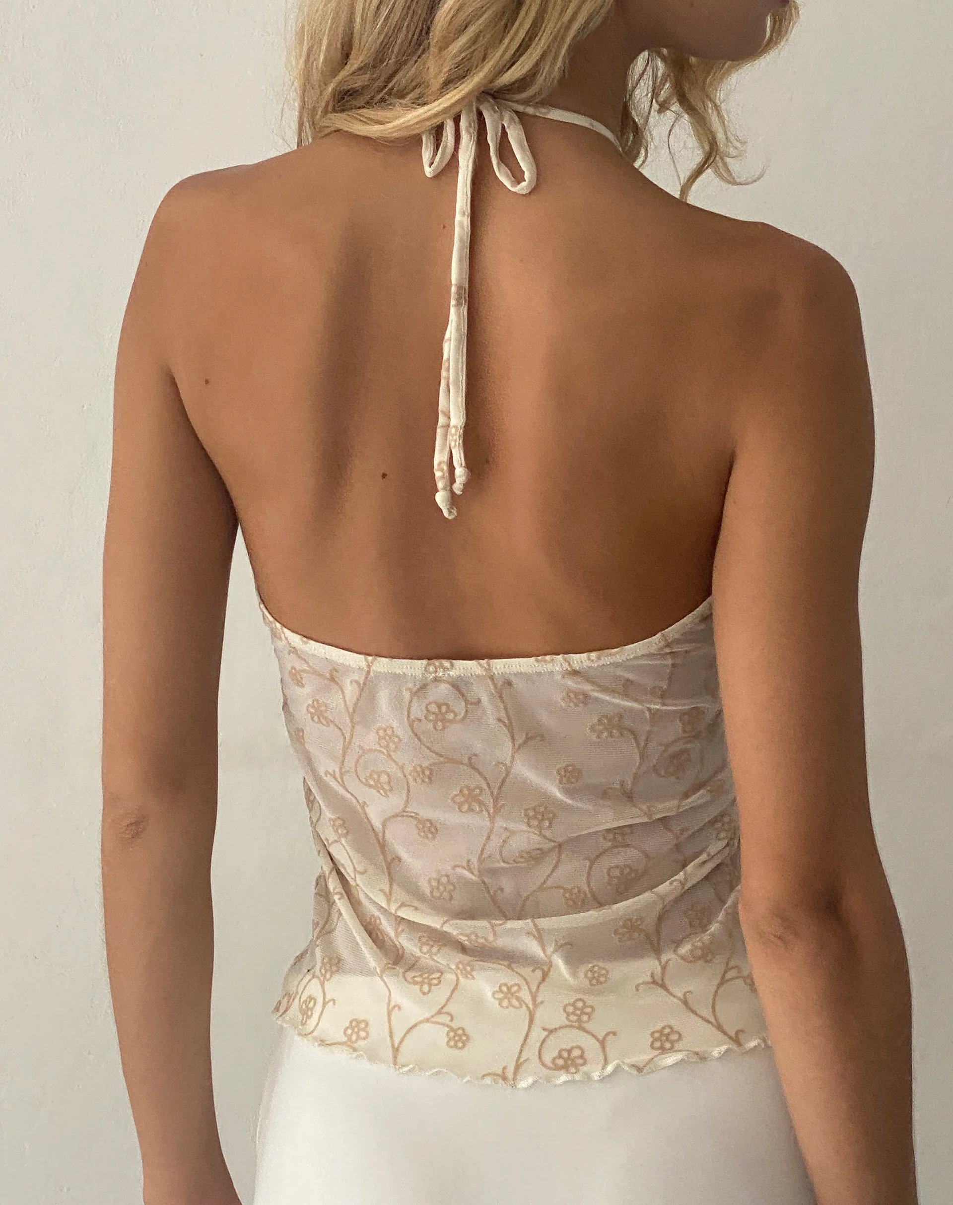 Janar Halterneck Top in Beige Dainty Floral Flock - Image 3